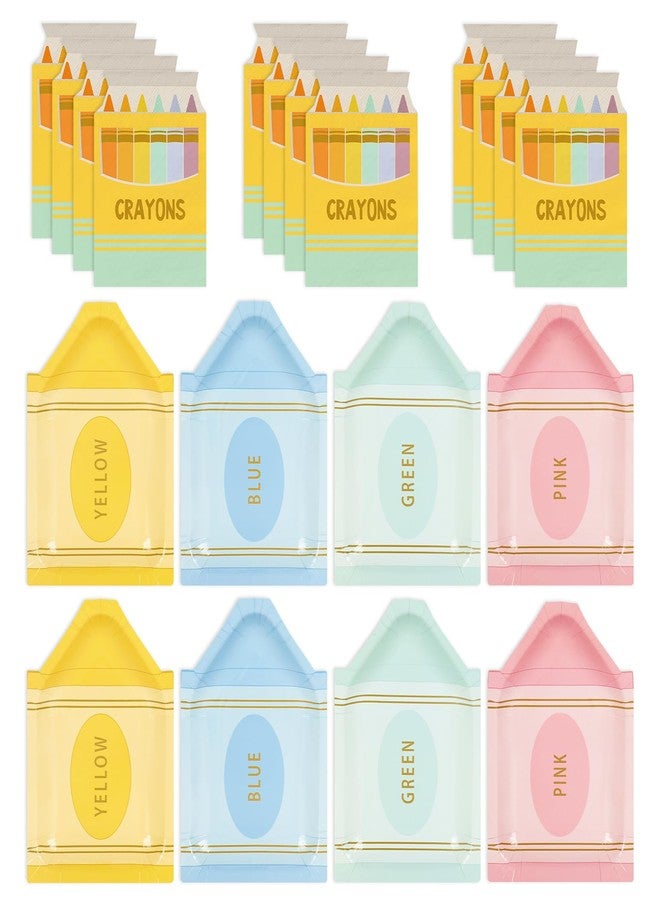 FYSUIMU Pastel Back to School Crayon Shape Tableware 4 Colors Paper Plates and Napkins for First Day of School Graduation Kindergarten Party Supplies, 48Pcs, Serves 24 - Image 1