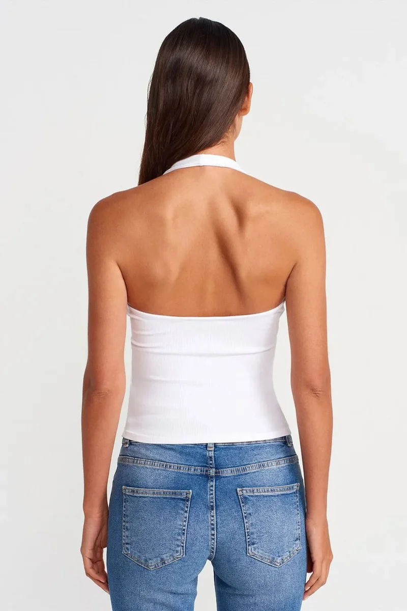 Dilvin White DILVIN Ribbed Halterneck Sleeveless Blouse for Women | Best Price UAE