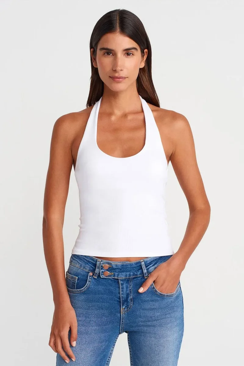 DILVIN Ribbed Halterneck Sleeveless Blouse