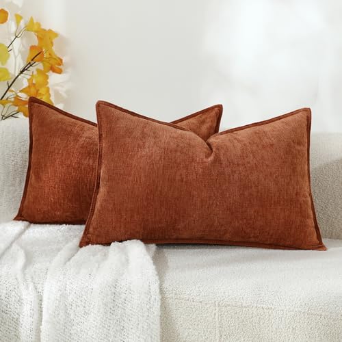 Stellhome Set of 2 Halloween Decorations Autumn Rust Pillow Covers Soft Textured Lumbar Chenille Accent Solid Cushion Cover for Couch Sofa Bedroom Living Room 12x20 Inch, Burnt Orange - Image 1