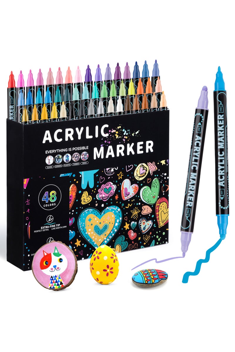 أقلام طلاء أكريليك مزدوجة الرأس، 48 لونًا (12/24/36/48 لونًا)، مناسبة للرسم على الخشب والقماش والحجر والصخور.