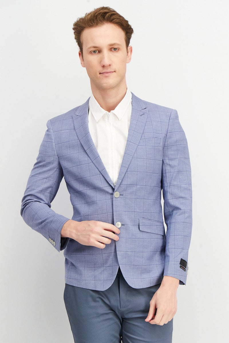SELECTED Men Regular Fit Windowpane Casual Blazer, Slate Blue - Image 1