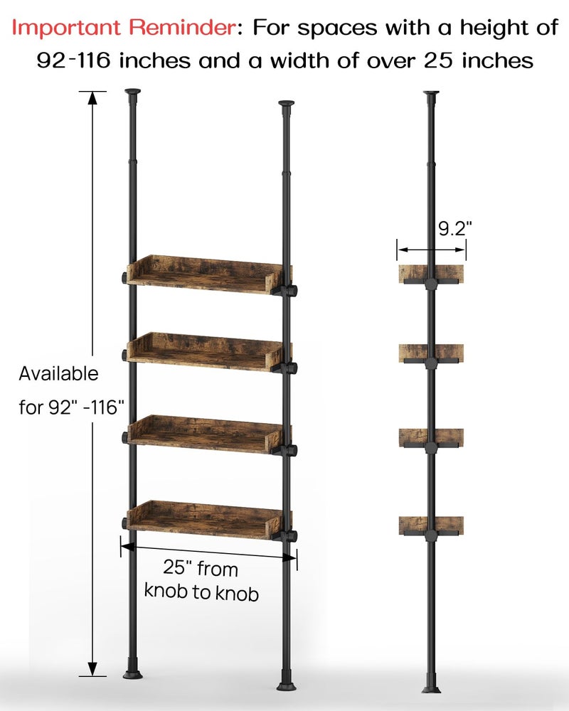 ALLZONE Bathroom Organizer, Over The Toilet Storage, 4-Tier Adjustable Wood Shelves for Small Rooms, Saver Space Rack, 92 to 116 Inch Tall, Narrow Cabinet, Rustic Brown - Image 4