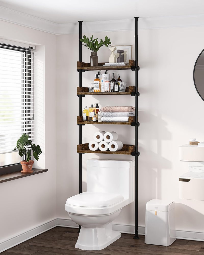 ALLZONE Bathroom Organizer, Over The Toilet Storage, 4-Tier Adjustable Wood Shelves for Small Rooms, Saver Space Rack, 92 to 116 Inch Tall, Narrow Cabinet, Rustic Brown - Image 1