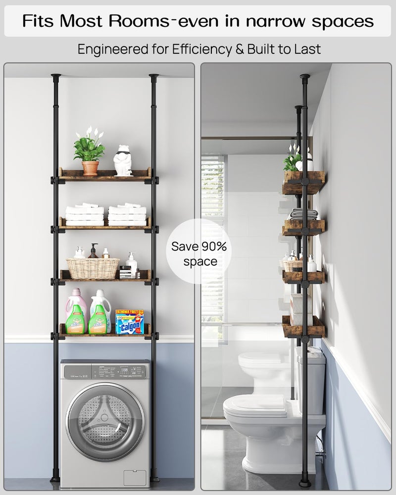 ALLZONE Bathroom Organizer, Over The Toilet Storage, 4-Tier Adjustable Wood Shelves for Small Rooms, Saver Space Rack, 92 to 116 Inch Tall, Narrow Cabinet, Rustic Brown - Image 5
