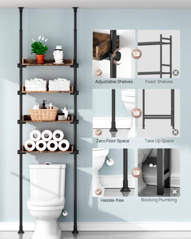 ALLZONE Bathroom Organizer, Over The Toilet Storage, 4-Tier Adjustable Wood Shelves for Small Rooms, Saver Space Rack, 92 to 116 Inch Tall, Narrow Cabinet, Rustic Brown - Image 2