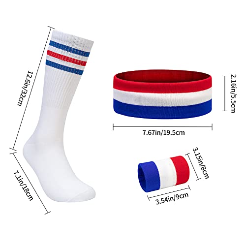 BEFORYOU Striped Sweatbands Set, Sports Headband and Wristbands Sweatbands Sock Set Colorful Cotton Striped Sweatband American Flag Style for Men and Women (Red White and Blue-2) - Image 2