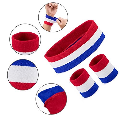 BEFORYOU Striped Sweatbands Set, Sports Headband and Wristbands Sweatbands Sock Set Colorful Cotton Striped Sweatband American Flag Style for Men and Women (Red White and Blue-2) - Image 3