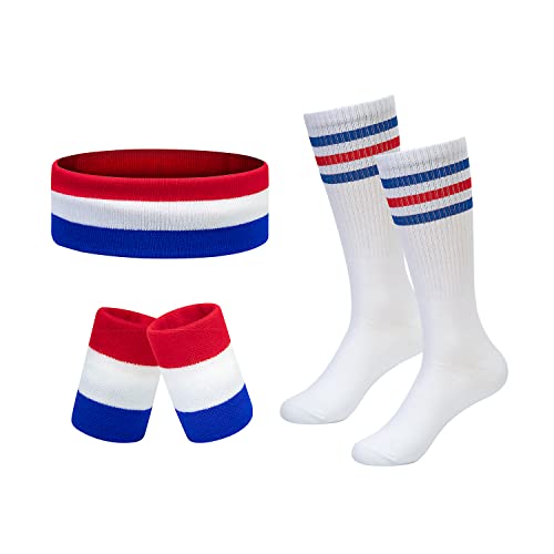 BEFORYOU Striped Sweatbands Set, Sports Headband and Wristbands Sweatbands Sock Set Colorful Cotton Striped Sweatband American Flag Style for Men and Women (Red White and Blue-2) - Image 1