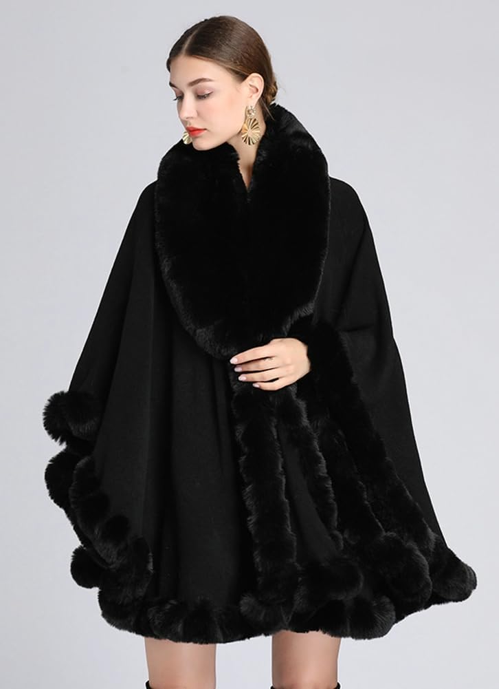 EMGILL Women Poncho Cape Faux Fur Collar Knitted Cardigan Sweater Batwing Long Sleeve Shawl Wrap Coat Oversized Cloak - Image 2