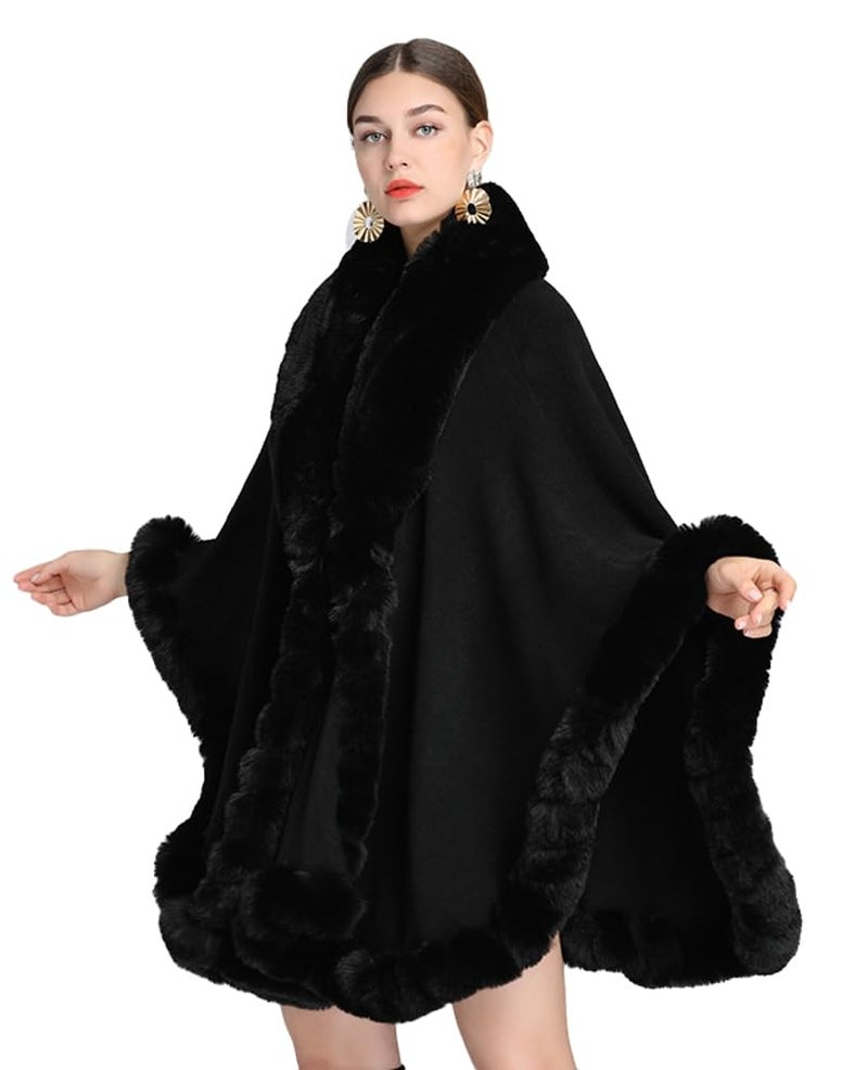 EMGILL Women Poncho Cape Faux Fur Collar Knitted Cardigan Sweater Batwing Long Sleeve Shawl Wrap Coat Oversized Cloak - Image 1