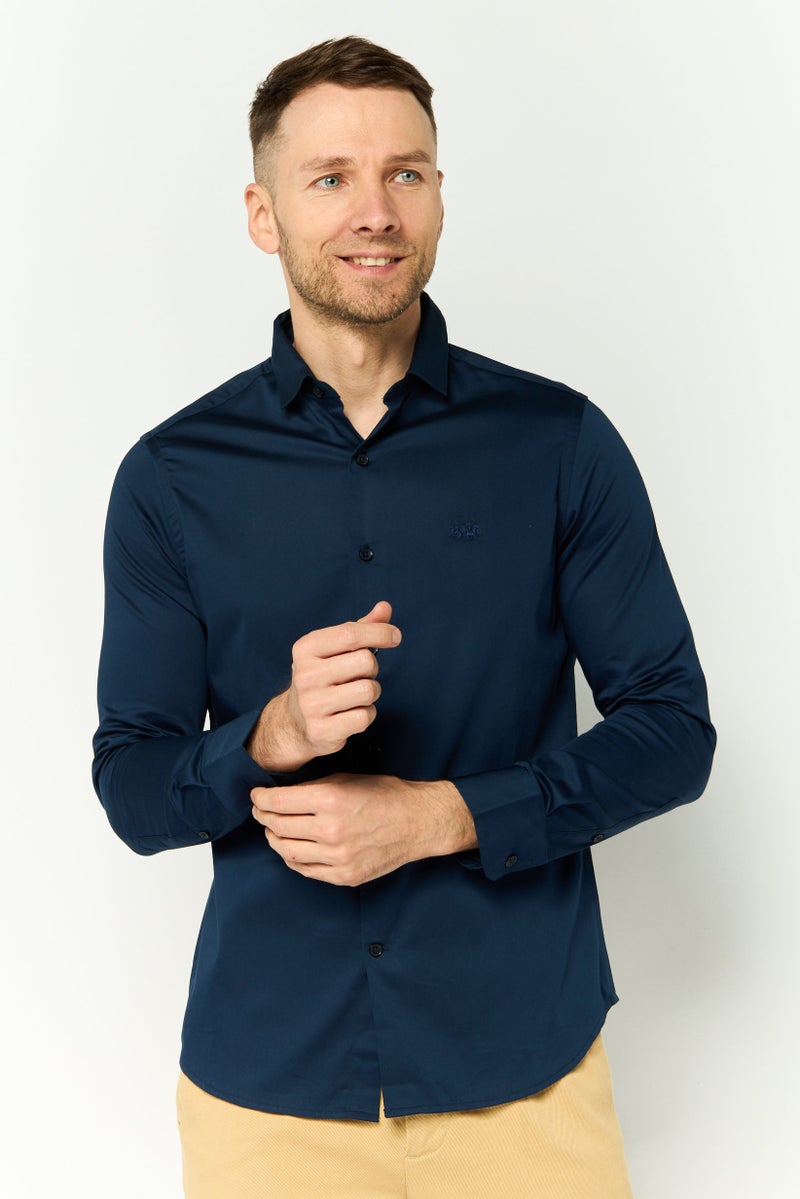 La Martina Men Tailored Fit Embroidered Logo Long Sleeves Casual Shirt, Navy Blue  - Image 1