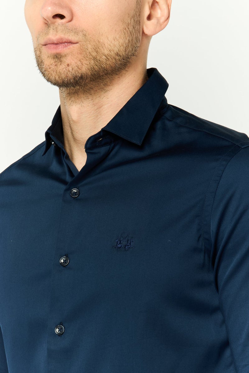 La Martina Men Tailored Fit Embroidered Logo Long Sleeves Casual Shirt, Navy Blue  - Image 3