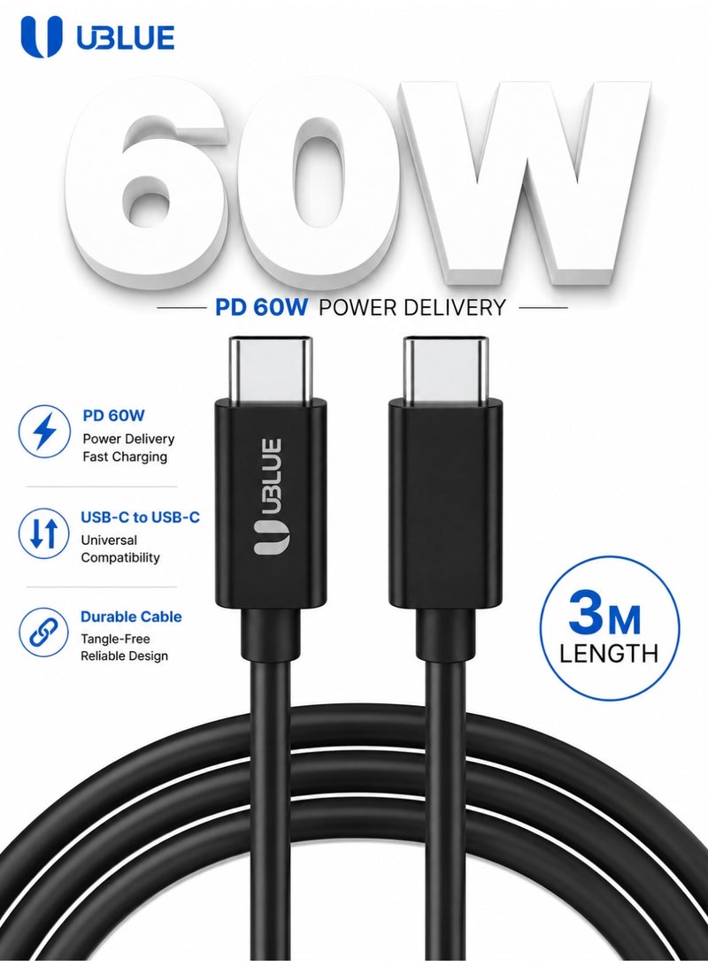 يوبلو كابل UBLUE من USB-C إلى USB-C، يدعم الشحن بقوة 60 واط ونقل البيانات بمعيار USB 2.0، بطول إضافي 3 أمتار، لون أسود، متوافق مع MacBook Pro/Air وiPad Pro/Air 4 وGalaxy S25/24/23 Ultra وiPhone 15/16/17 Pro Max وHuawei P70. - Image 1