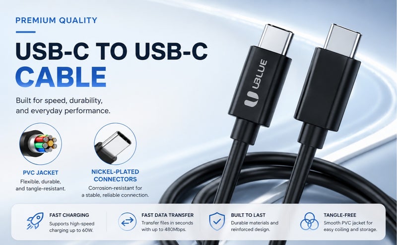 يوبلو كابل UBLUE من USB-C إلى USB-C، يدعم الشحن بقوة 60 واط ونقل البيانات بمعيار USB 2.0، بطول إضافي 3 أمتار، لون أسود، متوافق مع MacBook Pro/Air وiPad Pro/Air 4 وGalaxy S25/24/23 Ultra وiPhone 15/16/17 Pro Max وHuawei P70. - Image 2