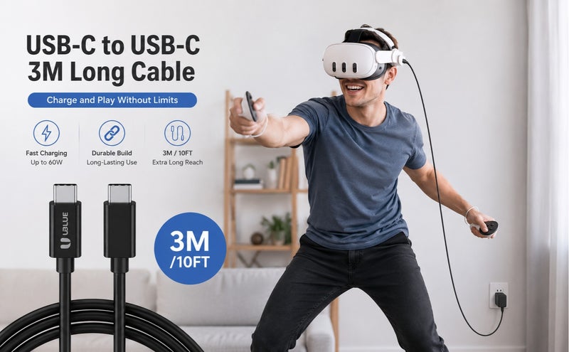 يوبلو كابل UBLUE من USB-C إلى USB-C، يدعم الشحن بقوة 60 واط ونقل البيانات بمعيار USB 2.0، بطول إضافي 3 أمتار، لون أسود، متوافق مع MacBook Pro/Air وiPad Pro/Air 4 وGalaxy S25/24/23 Ultra وiPhone 15/16/17 Pro Max وHuawei P70. - Image 3