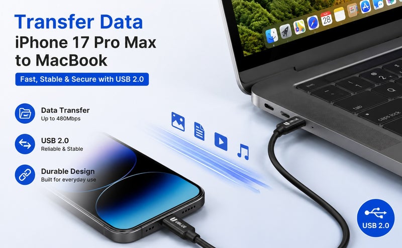 يوبلو كابل UBLUE من USB-C إلى USB-C، يدعم الشحن بقوة 60 واط ونقل البيانات بمعيار USB 2.0، بطول إضافي 3 أمتار، لون أسود، متوافق مع MacBook Pro/Air وiPad Pro/Air 4 وGalaxy S25/24/23 Ultra وiPhone 15/16/17 Pro Max وHuawei P70. - Image 4