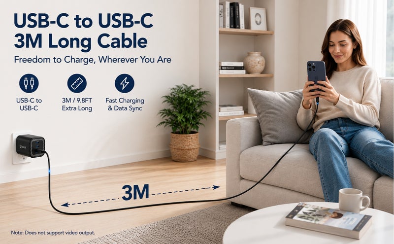 يوبلو كابل UBLUE من USB-C إلى USB-C، يدعم الشحن بقوة 60 واط ونقل البيانات بمعيار USB 2.0، بطول إضافي 3 أمتار، لون أسود، متوافق مع MacBook Pro/Air وiPad Pro/Air 4 وGalaxy S25/24/23 Ultra وiPhone 15/16/17 Pro Max وHuawei P70. - Image 5
