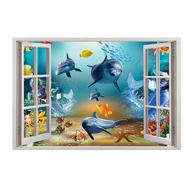 3D OCEAN WORLD FAKE WINDOWS WALL STICKERSHARK TURTLE TROPICAL FISHES SEA LIFE PEEL AND STICK REMOVABLE WINDOWS WALL DECALS FOR BOYS AND GIRLS BEDROOM PLAYROOM LIVING ROOM24X18