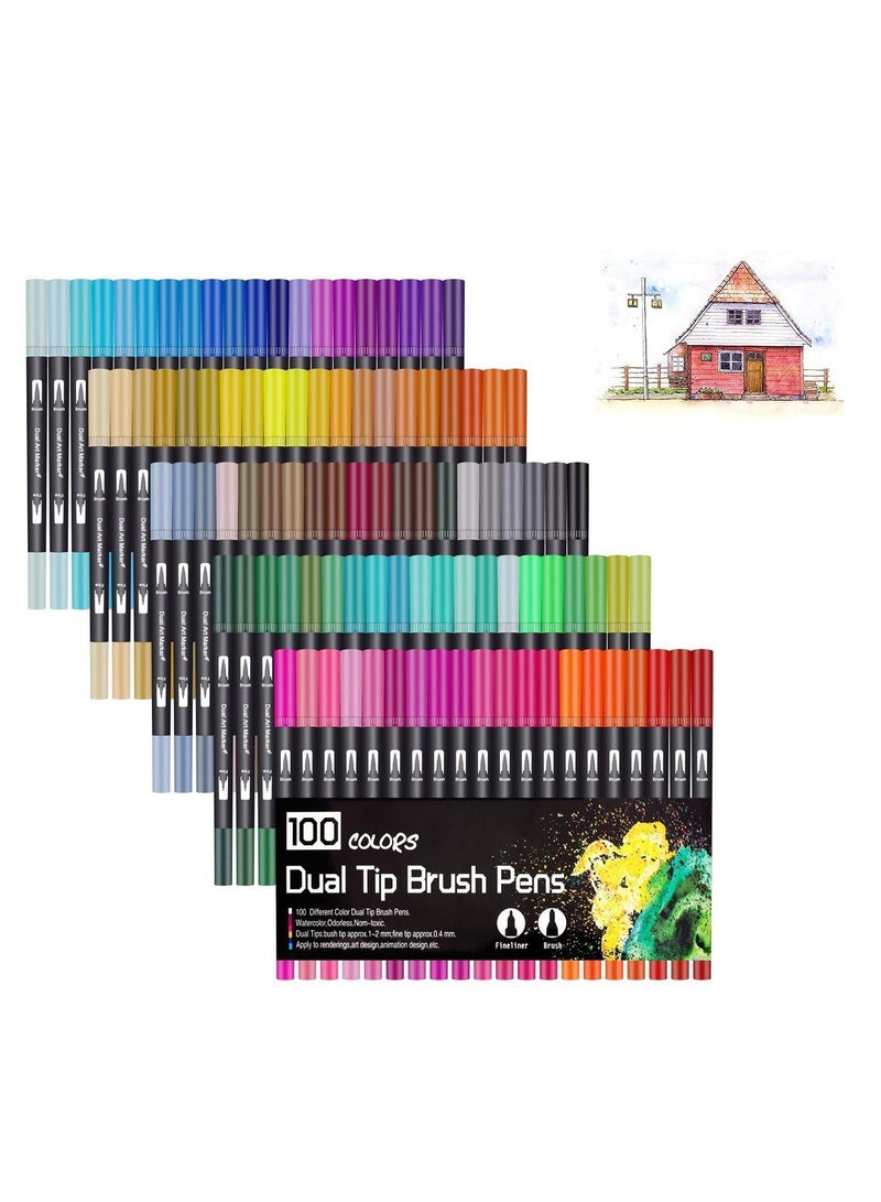 EHOME Dual Brush Pen 100 Colors Fine Point Markers Coloring Brush Art Marker for Kids Adult Coloring Books, Bullet Planners, Note Taking, Writing (100PCS)  - Image 1