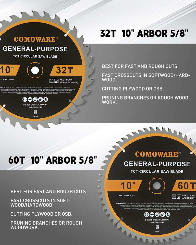 COMOWARE 10 inch Miter Saws Blade, 32T & 60T ATB Circular Saw Blade, 5/8" Arbor, TCT Carbide-Tipped, Anti-Vibration, Teflon Anti-Stick, Miter Saws Blades for Wood, Laminate, Plywood & Hardwoods - Image 2