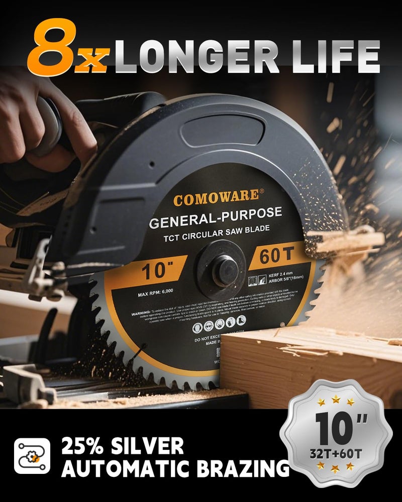 COMOWARE 10 inch Miter Saws Blade, 32T & 60T ATB Circular Saw Blade, 5/8" Arbor, TCT Carbide-Tipped, Anti-Vibration, Teflon Anti-Stick, Miter Saws Blades for Wood, Laminate, Plywood & Hardwoods - Image 3