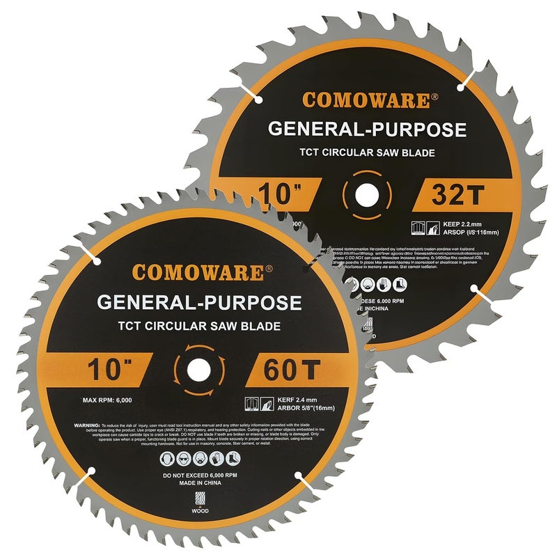COMOWARE 10 inch Miter Saws Blade, 32T & 60T ATB Circular Saw Blade, 5/8" Arbor, TCT Carbide-Tipped, Anti-Vibration, Teflon Anti-Stick, Miter Saws Blades for Wood, Laminate, Plywood & Hardwoods - Image 1