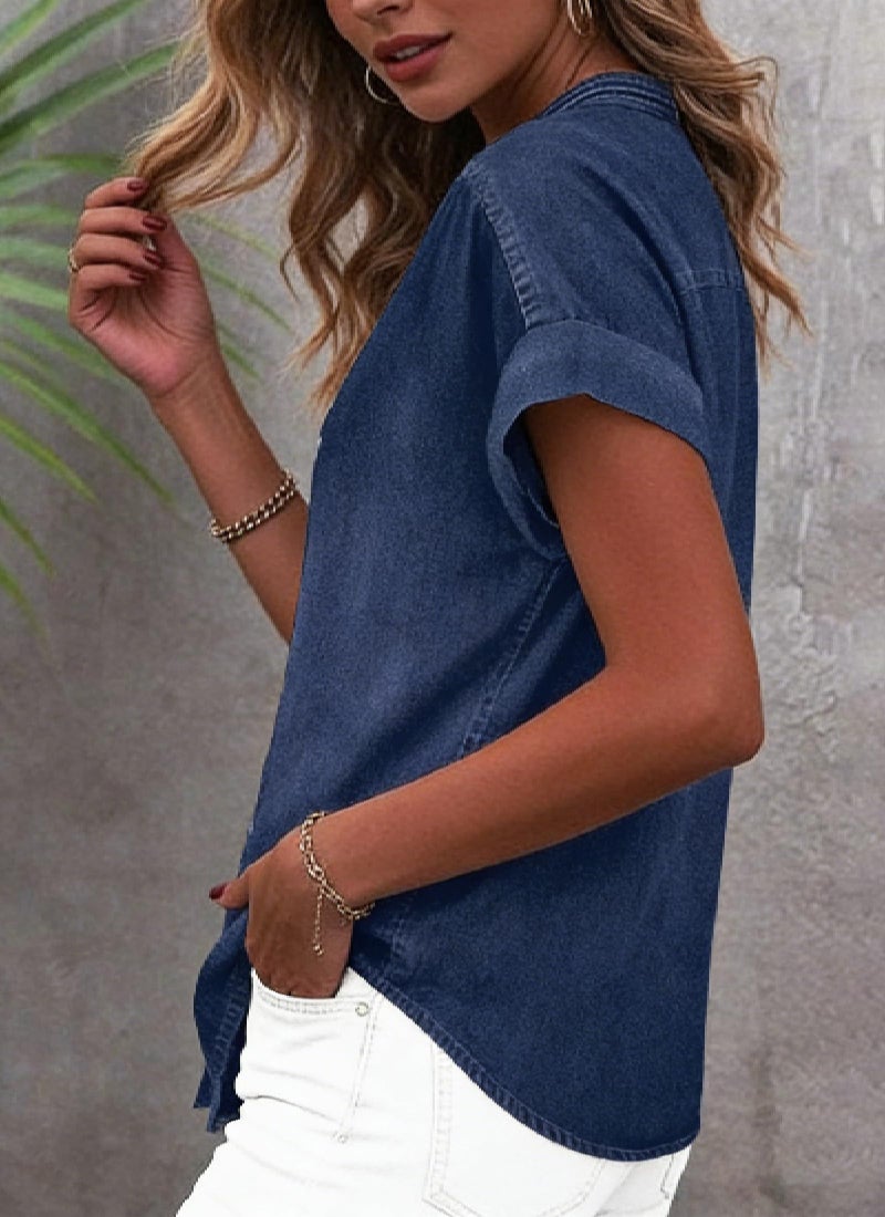LOZ Women's Casual Denim Shirt V Neck Button Down Short Sleeve Fashion Jean Shirt Tops Loose Spring Summer Shirts Dark Blue - Image 3