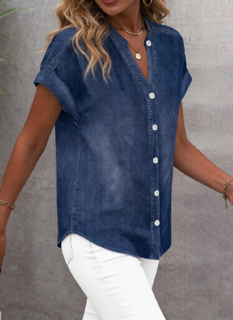 LOZ Women's Casual Denim Shirt V Neck Button Down Short Sleeve Fashion Jean Shirt Tops Loose Spring Summer Shirts Dark Blue - Image 2