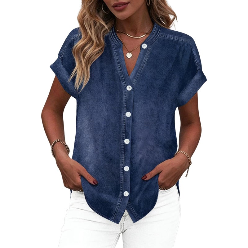 LOZ Women's Casual Denim Shirt V Neck Button Down Short Sleeve Fashion Jean Shirt Tops Loose Spring Summer Shirts Dark Blue - Image 1