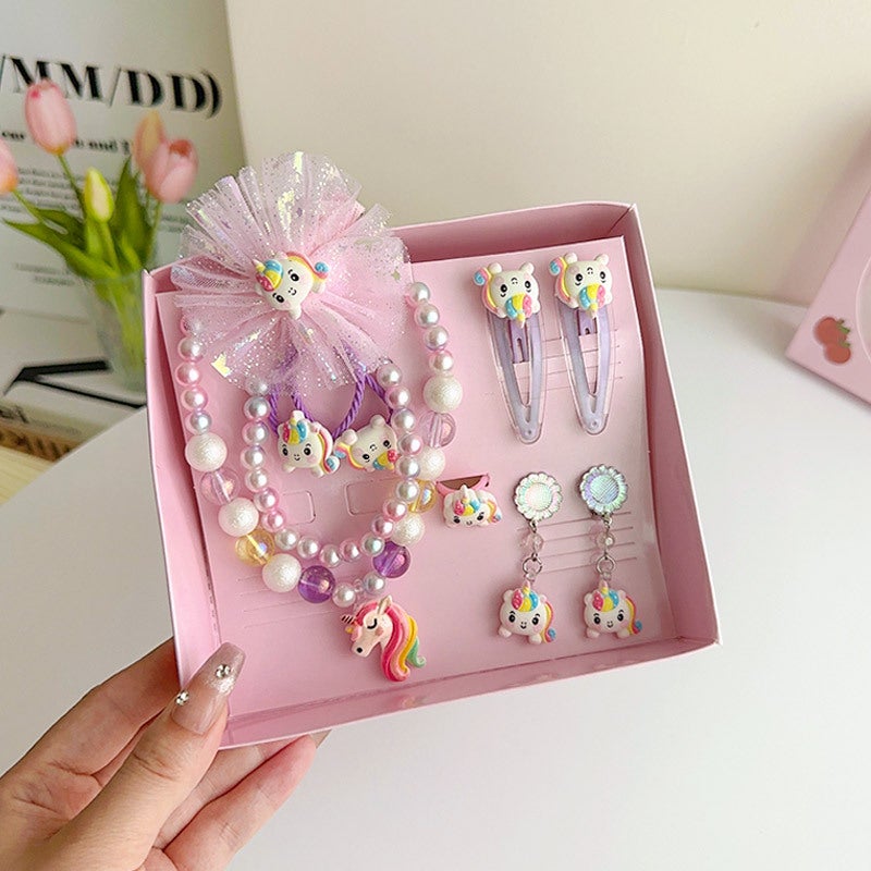Generic Kids Jewelry Set Princess Necklace Earrings Ring Gift Box F8129-4# rainbow nine-piece boxed