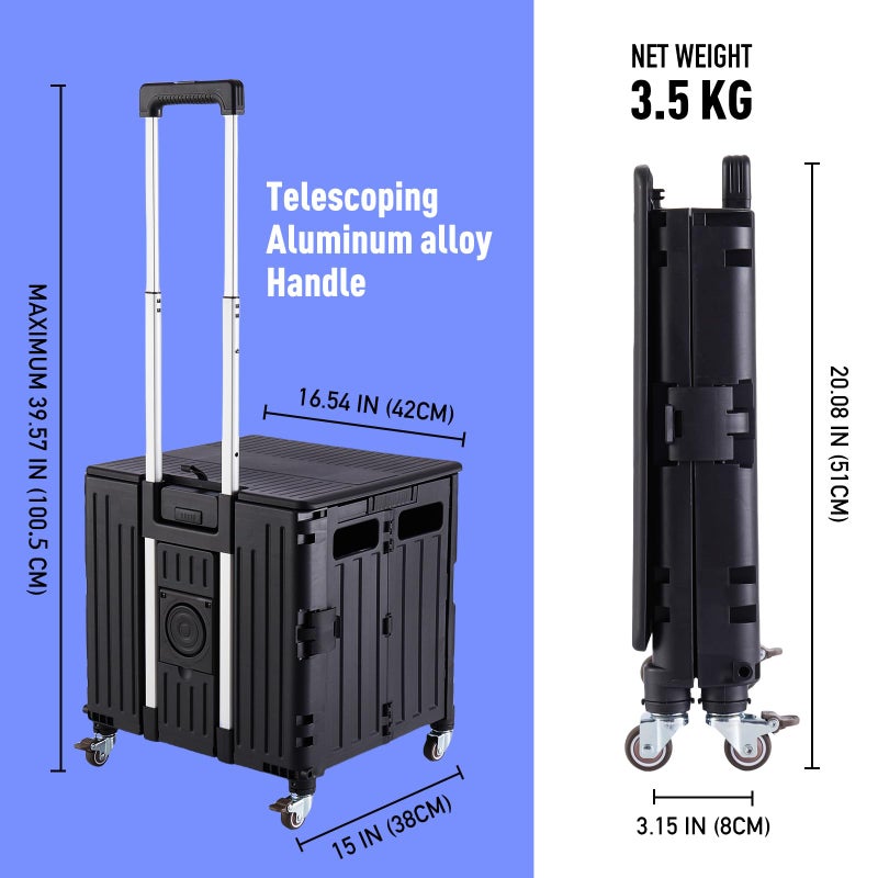 SUBICOO Folding Utility Cart Portable Rolling Crate Handcart Shopping Trolley Collapsible Tool Box, with Lid, on 4 Rotate Wheels, for Grocery, Shopping, Office, Teacher, Camp(Black) - Image 4