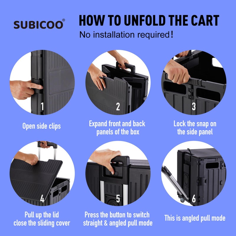 SUBICOO Folding Utility Cart Portable Rolling Crate Handcart Shopping Trolley Collapsible Tool Box, with Lid, on 4 Rotate Wheels, for Grocery, Shopping, Office, Teacher, Camp(Black) - Image 5