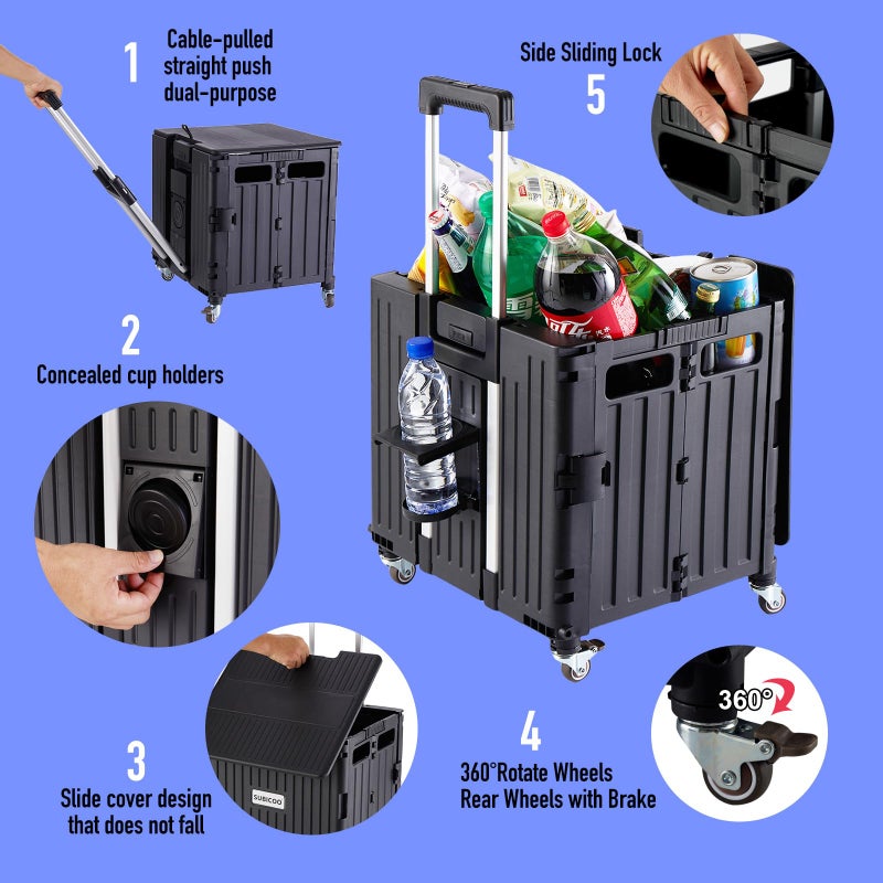 SUBICOO Folding Utility Cart Portable Rolling Crate Handcart Shopping Trolley Collapsible Tool Box, with Lid, on 4 Rotate Wheels, for Grocery, Shopping, Office, Teacher, Camp(Black) - Image 3