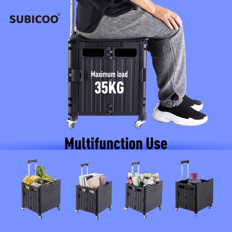 SUBICOO Folding Utility Cart Portable Rolling Crate Handcart Shopping Trolley Collapsible Tool Box, with Lid, on 4 Rotate Wheels, for Grocery, Shopping, Office, Teacher, Camp(Black) - Image 2