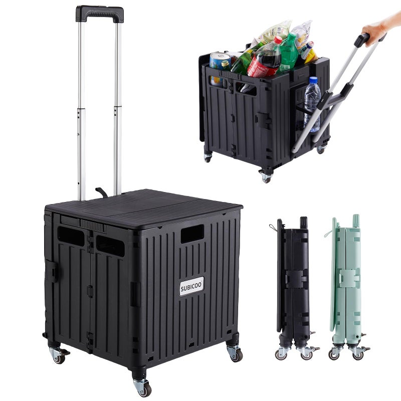 SUBICOO Folding Utility Cart Portable Rolling Crate Handcart Shopping Trolley Collapsible Tool Box, with Lid, on 4 Rotate Wheels, for Grocery, Shopping, Office, Teacher, Camp(Black) - Image 1