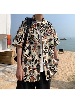 Generic Vintage Floral Print Loose-fit Casual Shirt Mens Summer Short Sleeve Hawaiian Cardigan Vintage Japanese Hip Hop Style Red  - Image 1