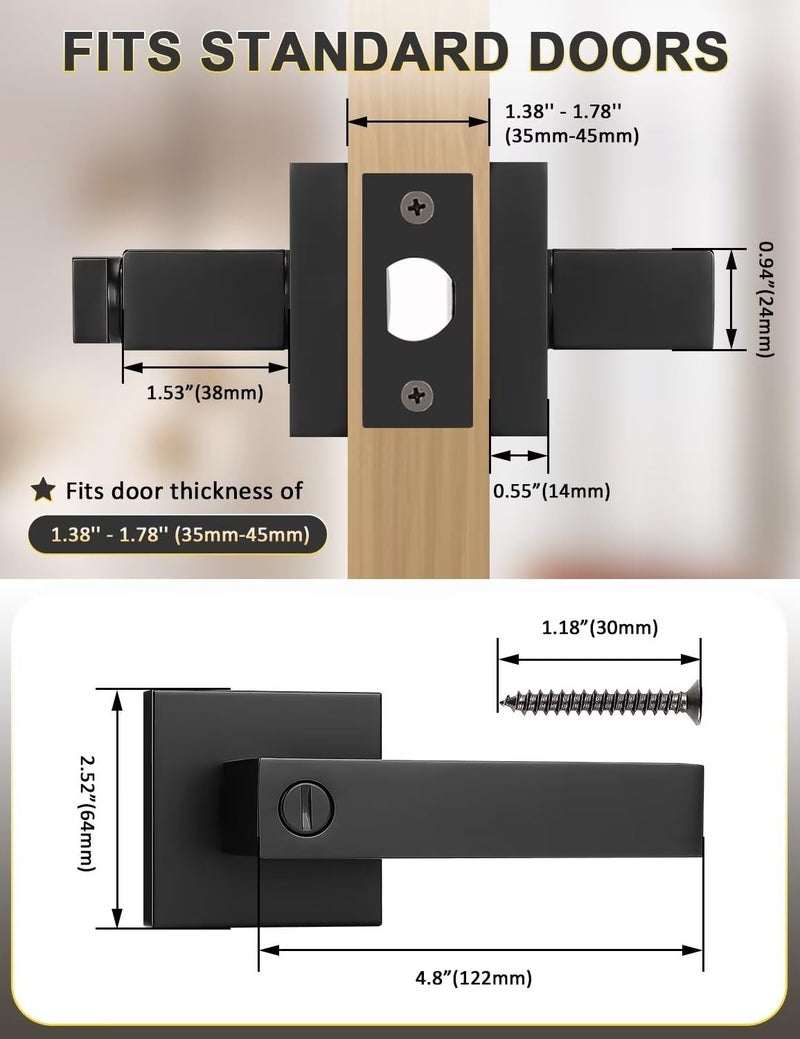 Tinewa 10 Pack Square Privacy Door Levers Locksets in Matte Black Finish, Bed/Bath Door Levers Keyless Interior Handles,Reversible for Left Right Handed Doors - Image 2