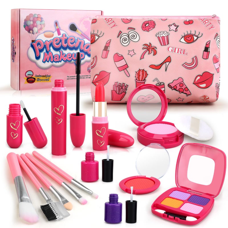 Woumserta Toddler Girls Toys Pretend Makeup Kits Fake Makeup Set Toys for Kids 3 4 5 6 Year Old Play Makeup Gift for Little Girls 35 Toddler Makeup Kit with Fake Makeup Toy Birthday Gift Red - Image 2