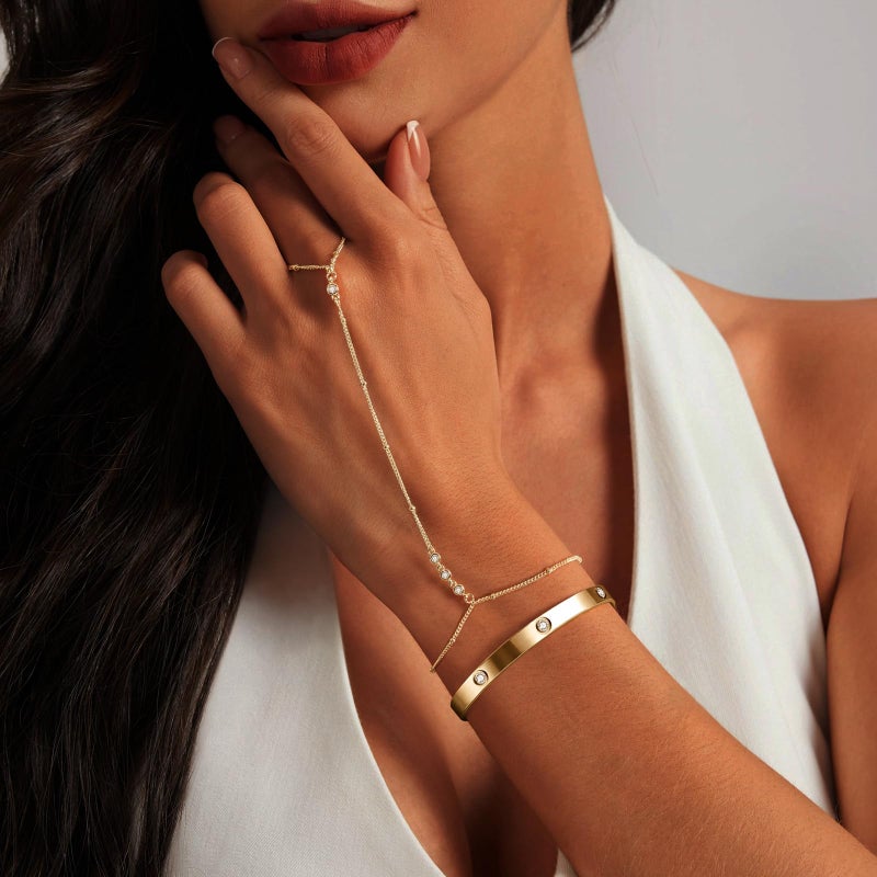 My Queen Hand Chain Bracelet Gold Bangle Bracelets for Women 14K Gold Plated Dainty Cubic Zirconia Finger Ring Chain Cuff Bracelet Stack Body Jewelry Set Trendy - Image 4