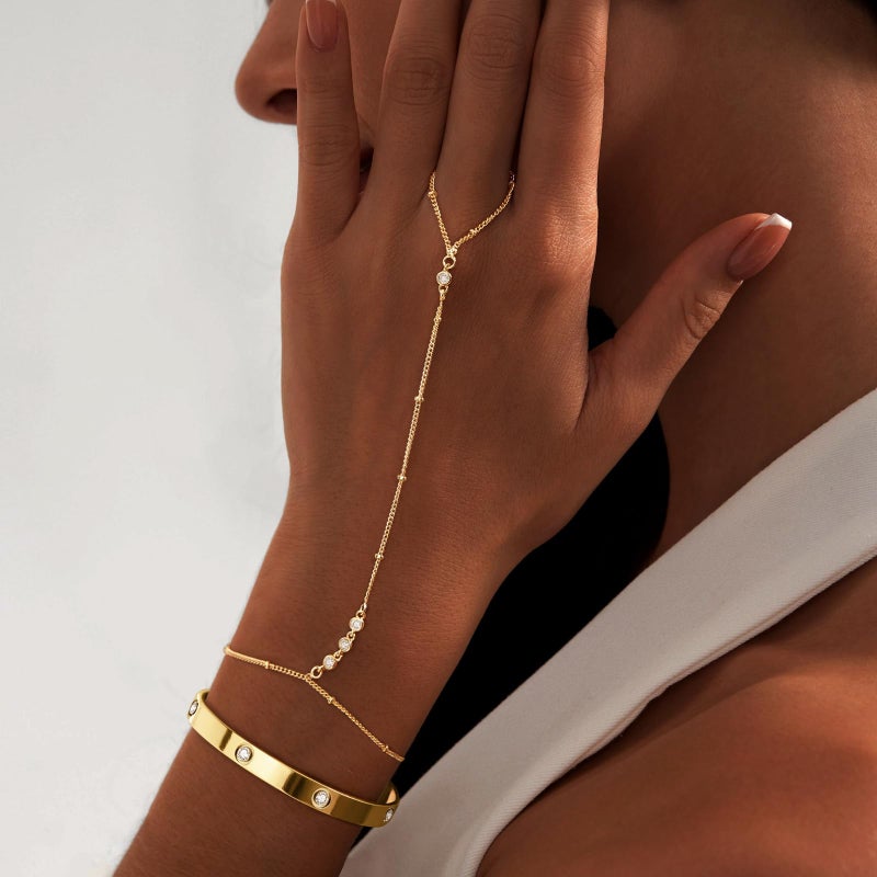 My Queen Hand Chain Bracelet Gold Bangle Bracelets for Women 14K Gold Plated Dainty Cubic Zirconia Finger Ring Chain Cuff Bracelet Stack Body Jewelry Set Trendy - Image 3