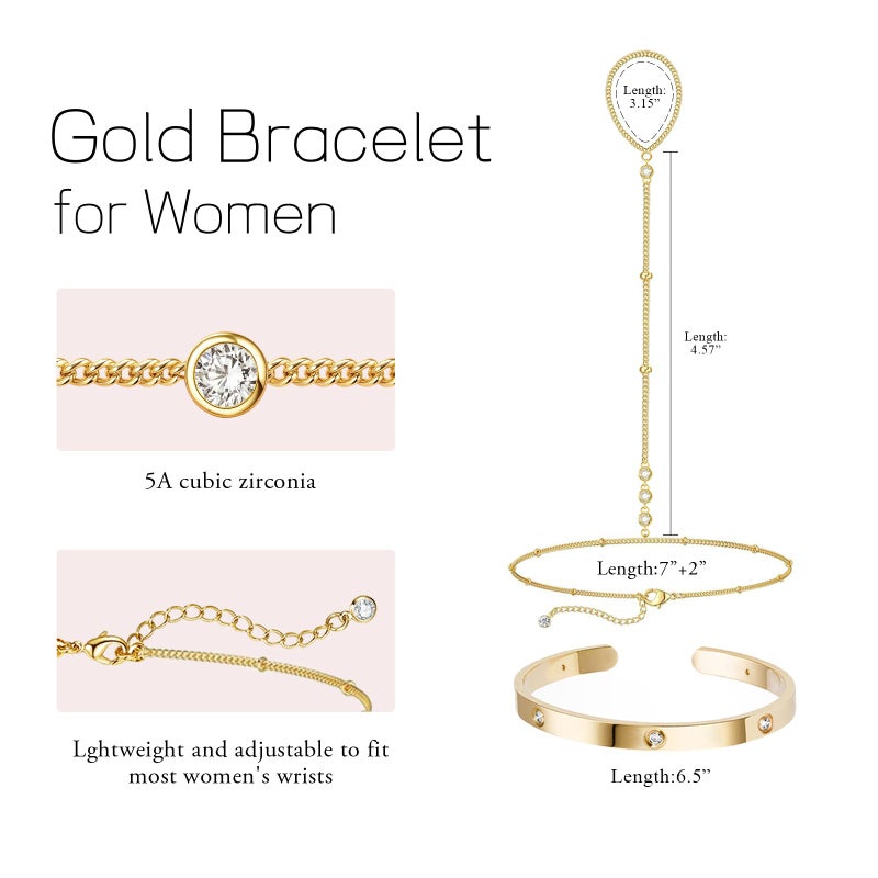 My Queen Hand Chain Bracelet Gold Bangle Bracelets for Women 14K Gold Plated Dainty Cubic Zirconia Finger Ring Chain Cuff Bracelet Stack Body Jewelry Set Trendy - Image 5