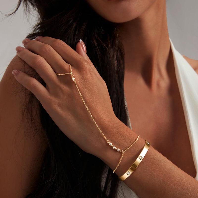 My Queen Hand Chain Bracelet Gold Bangle Bracelets for Women 14K Gold Plated Dainty Cubic Zirconia Finger Ring Chain Cuff Bracelet Stack Body Jewelry Set Trendy - Image 2