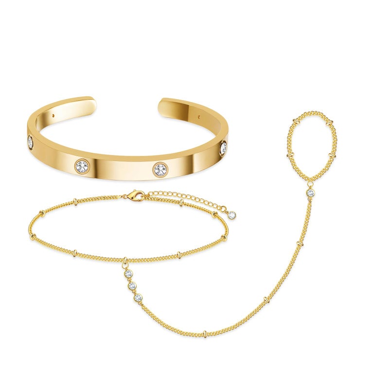 My Queen Hand Chain Bracelet Gold Bangle Bracelets for Women 14K Gold Plated Dainty Cubic Zirconia Finger Ring Chain Cuff Bracelet Stack Body Jewelry Set Trendy - Image 1