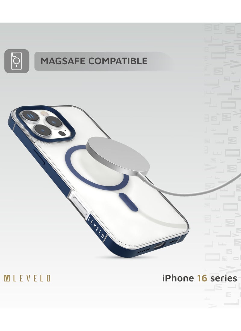 LEVELO - iPhone 16 Pro Max MagSafe Case Claire With Aluminum Bumper Cover / Impact Resistant Corners / Durable Back Cover - Blue - Image 1