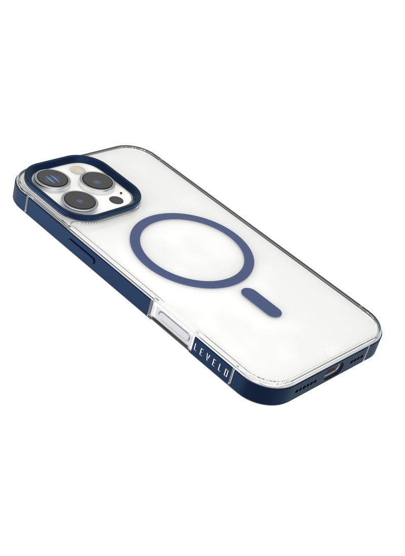 LEVELO - iPhone 16 Pro Max MagSafe Case Claire With Aluminum Bumper Cover / Impact Resistant Corners / Durable Back Cover - Blue - Image 1