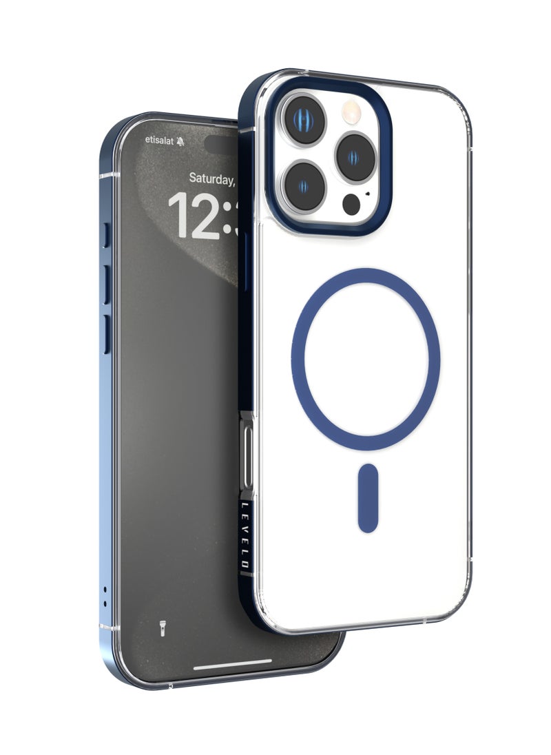LEVELO - iPhone 16 Pro Max MagSafe Case Claire With Aluminum Bumper Cover / Impact Resistant Corners / Durable Back Cover - Blue - Image 1
