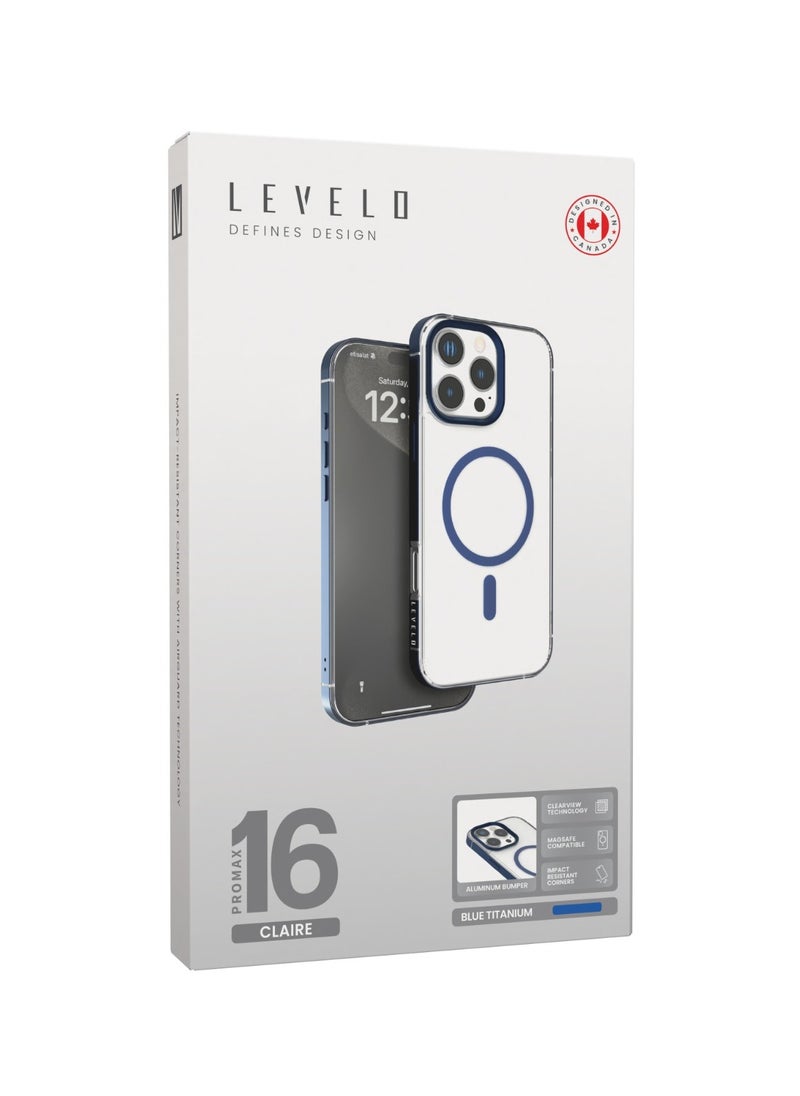 LEVELO - iPhone 16 Pro Max MagSafe Case Claire With Aluminum Bumper Cover / Impact Resistant Corners / Durable Back Cover - Blue - Image 1