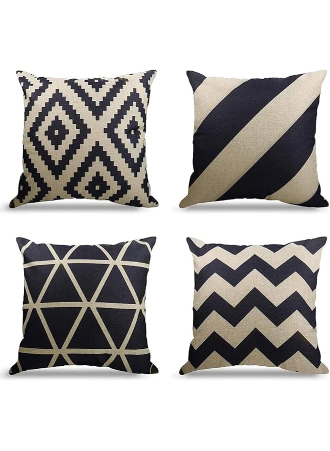 The Bros Black and White Cotton Linen Geometric Pattern Throw Pillows Covers - Set of 4 (18x18in)