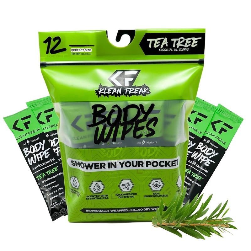 The Klean Freak Body Wipes 12 count Individually Wrapped Showerless Body Wipe for Women Men Sustainable Bodywipes for Gym Travel Camping TeaTree